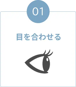 目を合わせるアイコンとステップ番号を示す図